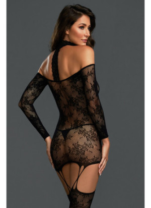Bodystocking résille guêpière réversible avec tour de cou - DG0318BLK